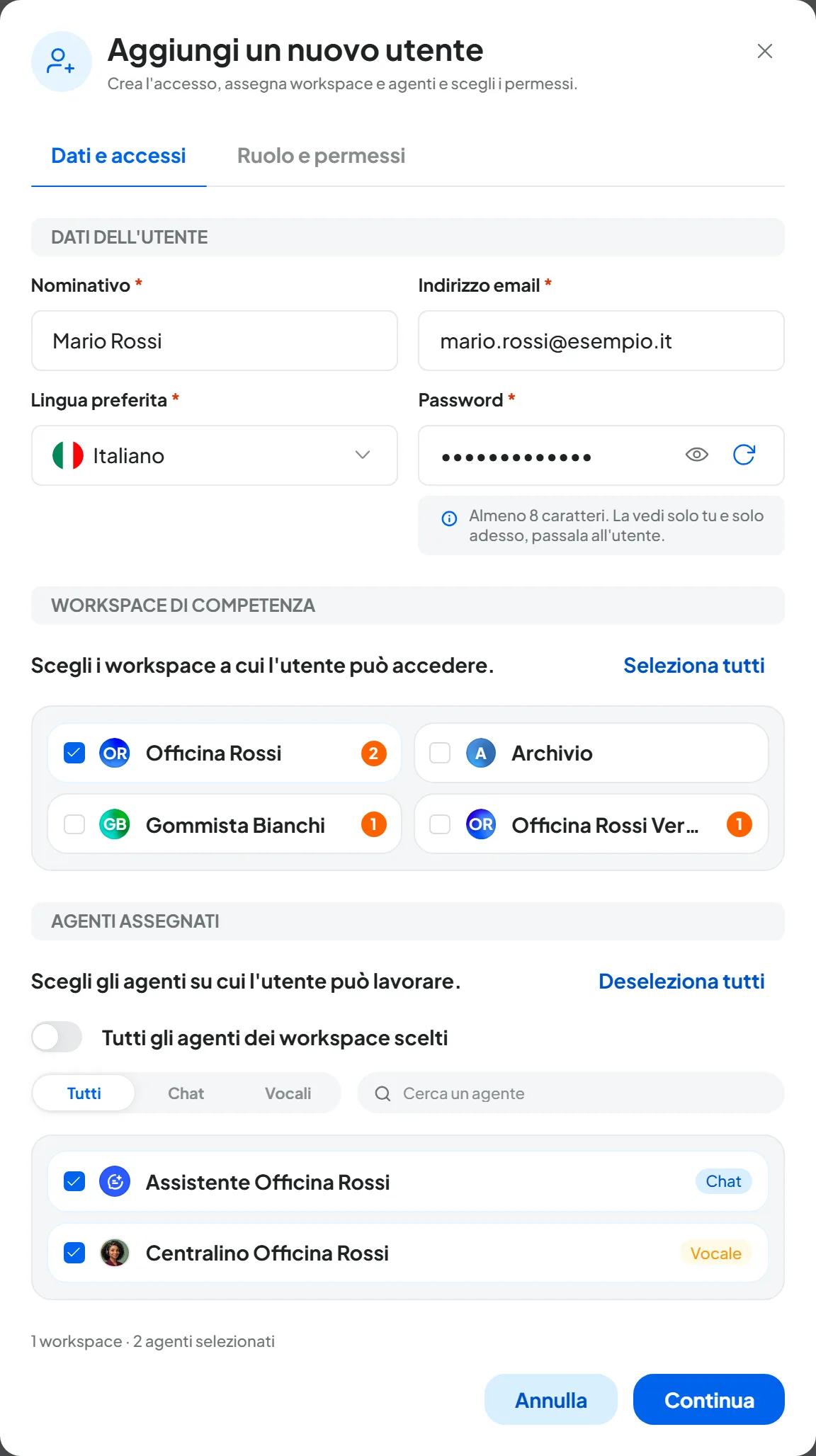 La finestra «Aggiungi un nuovo utente» sulla scheda «Dati e accessi» con Mario Rossi, mario.rossi@esempio.it, il solo workspace Officina Rossi spuntato e i suoi due agenti assegnati.