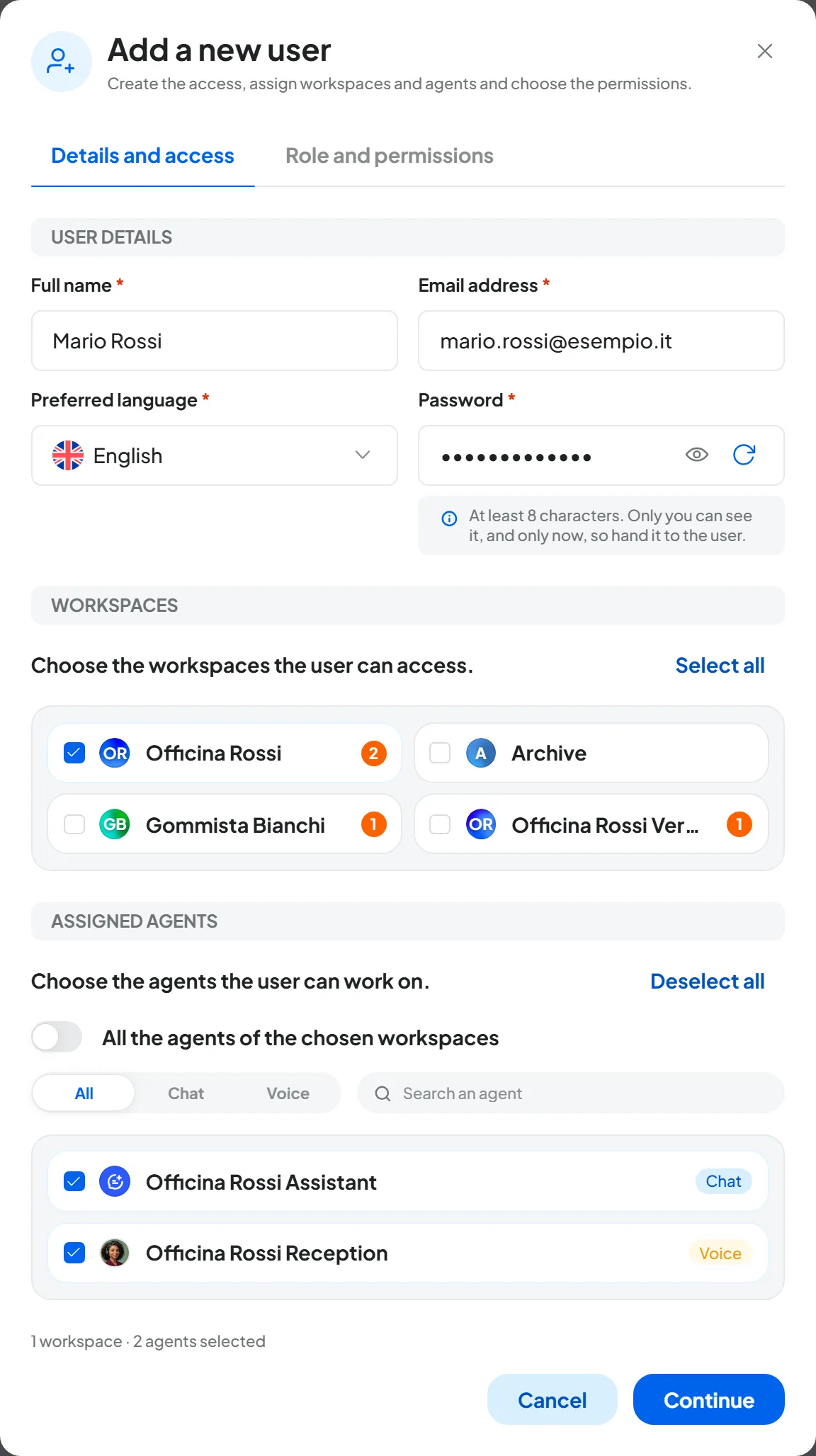 The “Add a new user” window on the “Details and access” tab with Mario Rossi, mario.rossi@esempio.it, only the Officina Rossi workspace checked and its two agents assigned.